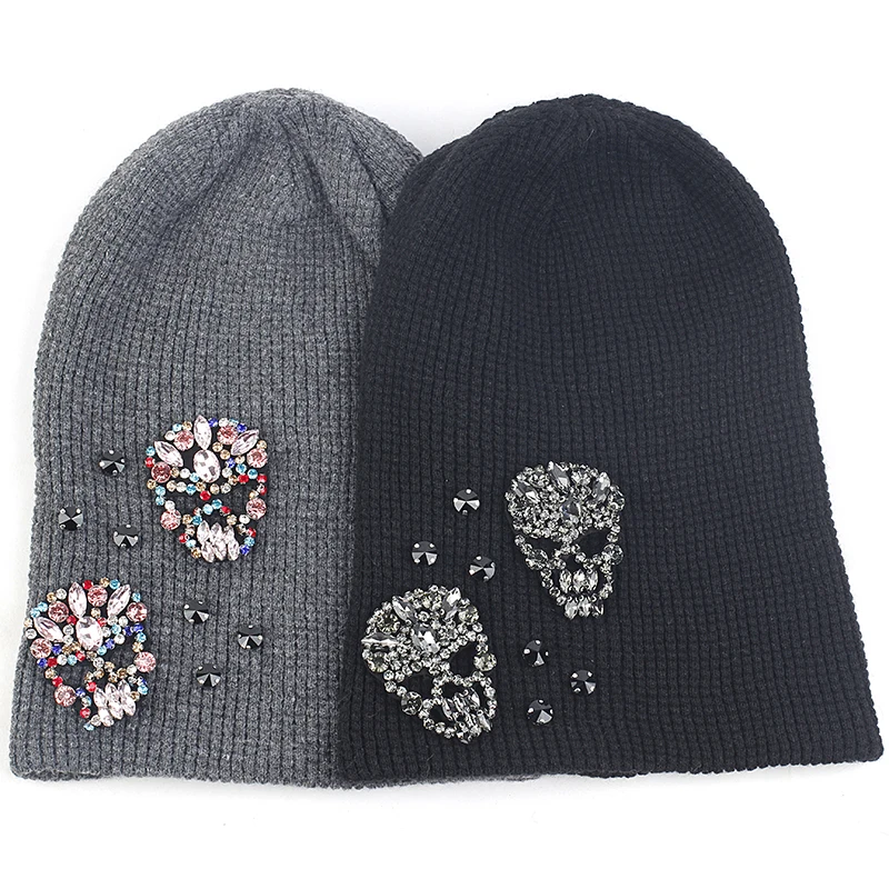 Hip Hop Fashion Cashmere Beanie Hat With Skull Rhinestone Accessories Women Autumn Winter Warm Hat Adult Skull Cap