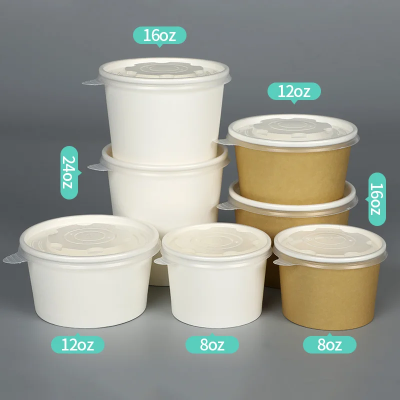 

50pcs Kraft paper disposable soup bowl 8oz/12oz/16oz thickening paper bowls fruit salad food packaging container cup with lid