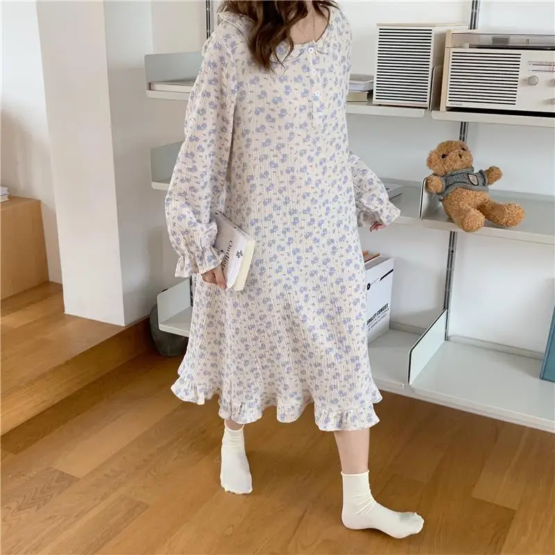 QWEEK Cotton Sleepwear Women Chinese Style Nightie Floral Print Long Nightgrown Autumn White Fairy Dress Nightwear Dressing Gown