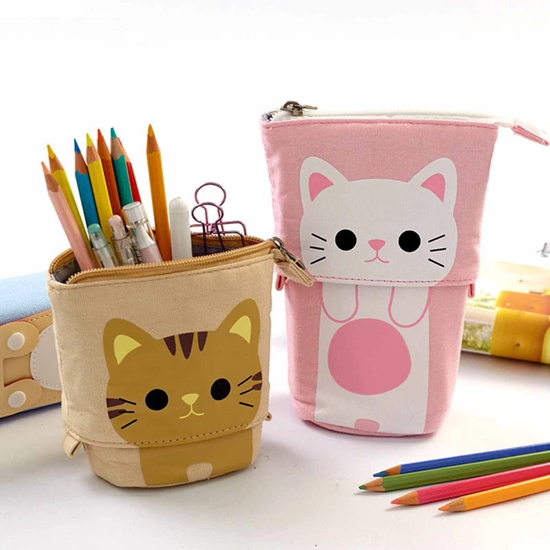 

Canvas Cartoon Cute Cat Telescopic Pencil Pouch Bag Stationery Pen Case Box with Zipper Closure Pencil Case Cartoon Cat Bag
