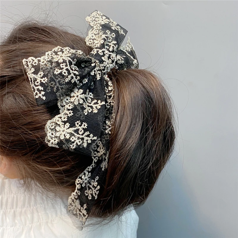 

Summer New Embroidery Bud Silk Accessoires Silk Scrunchie Double Bowknot long Ribbon Hairpin Hair Ornament Headwear