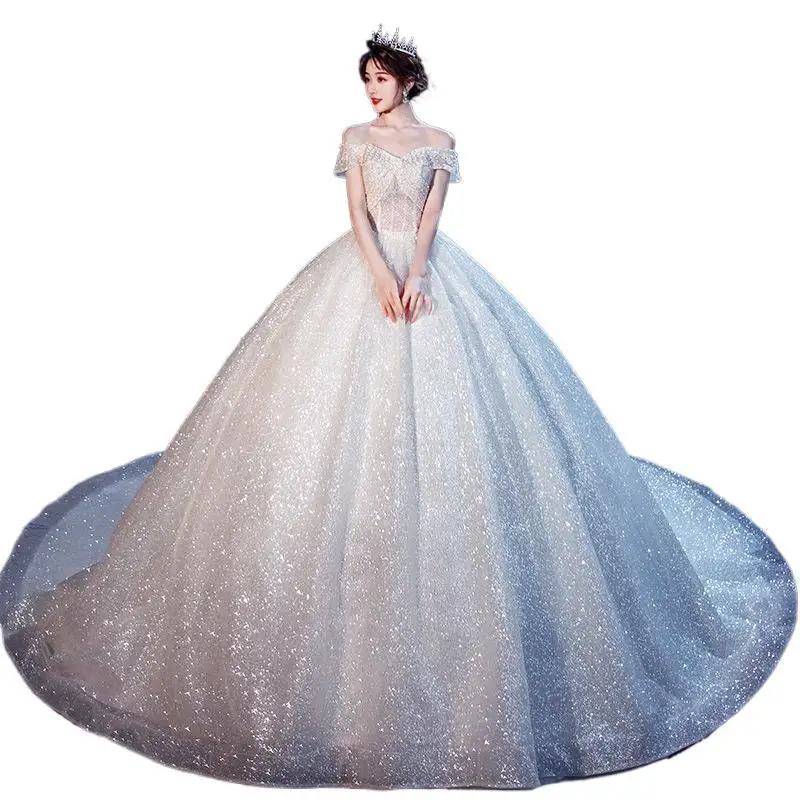 

One-word Shoulder Main Light Wedding Dress 2021 New Tug-of-tail Star Bride Super Fairy Temperament Sen System