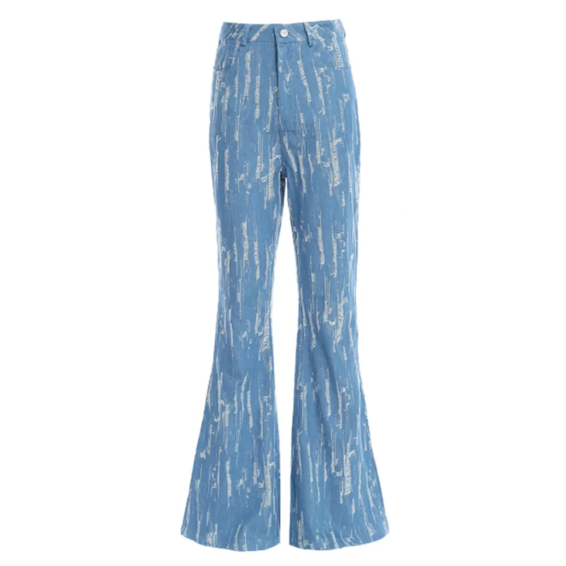 

Fashion Retro Modern Frayed Ripped Denim Casual Pants Vintage Women High Waist Deep Blue Jeans Trousers Long Slim Flared Pants