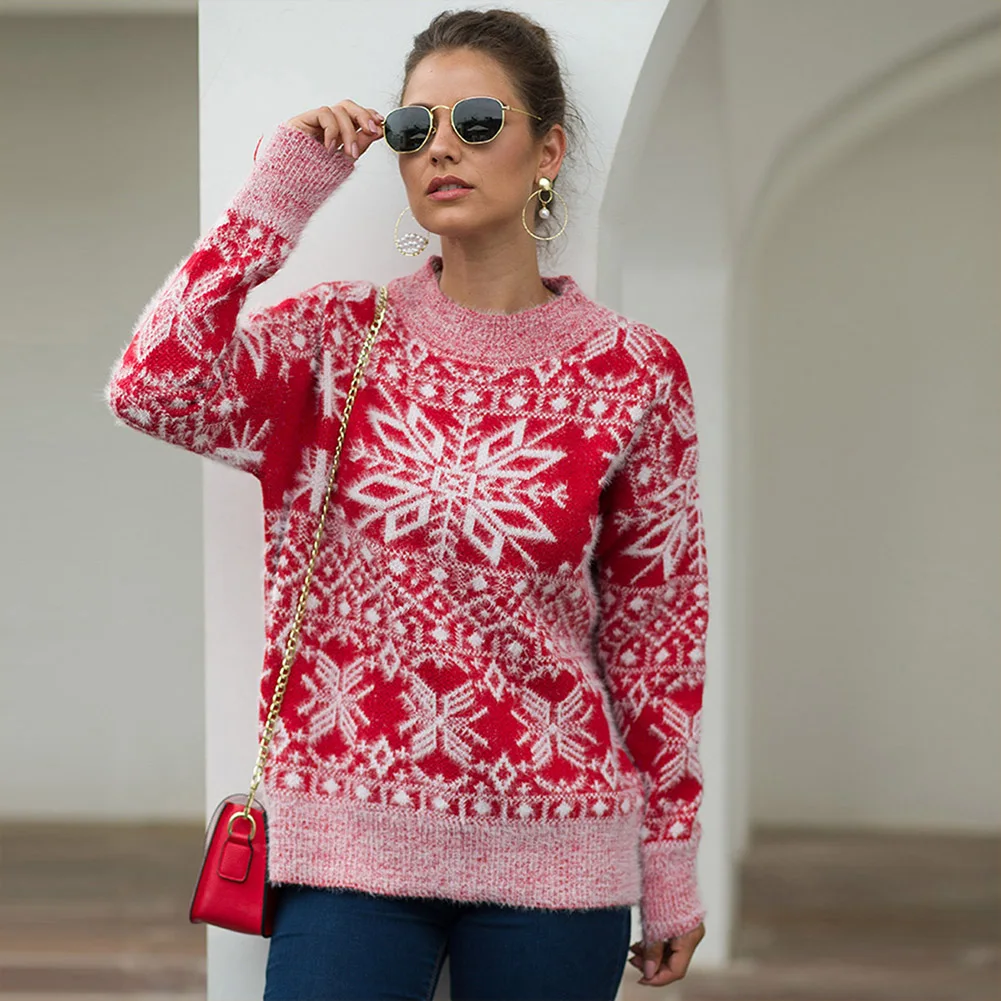Christmas Sweater Elegant Women Jumper Pullover Tops Female Snowflake Winter Girls Warm Soft Brief Sweaters | Женская одежда