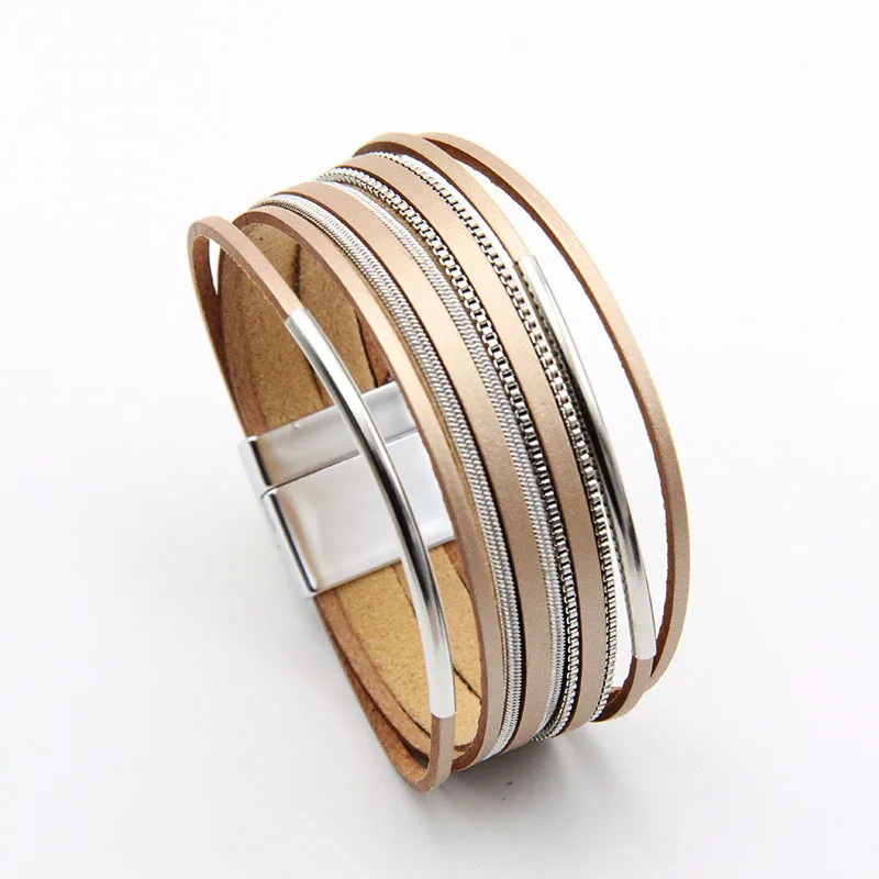 

European And American Fashion Accessories Woven Multi-layer Leather Jewelry Uv Plated Alloy Magnetic Buckle Bracelet