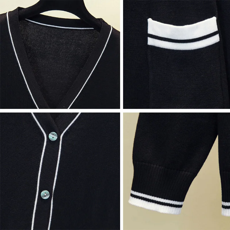 Черный белый однобортный вязаный кардиган осенний элегантный классический