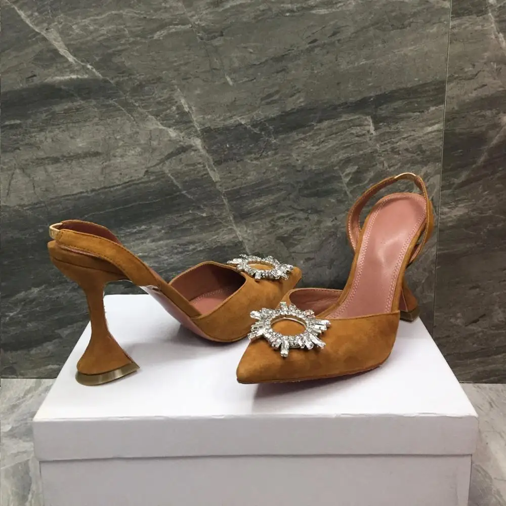 

Quality Suede Goblet Heel Sandals Women Back Strap Sexy Pointed Toe Jeweled Rhinestone Sunflower Buckle Party Shoes Woman