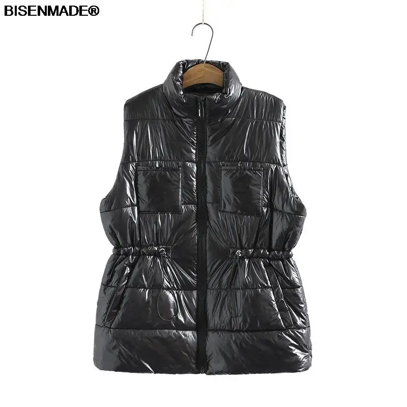 

Women Clothing Sleeveless Jacket Plus Size 2021 Winter New Bright Fabric Fashion Drawstring Waist Eiderdown Cotton Padded Coat