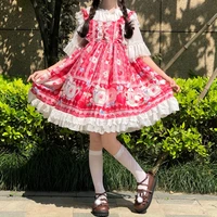 kawaii girl strawberry rabbit lolita dress japanese cute bow princess tutu dress ruffles sleeveless pink jsk dresses women 2022