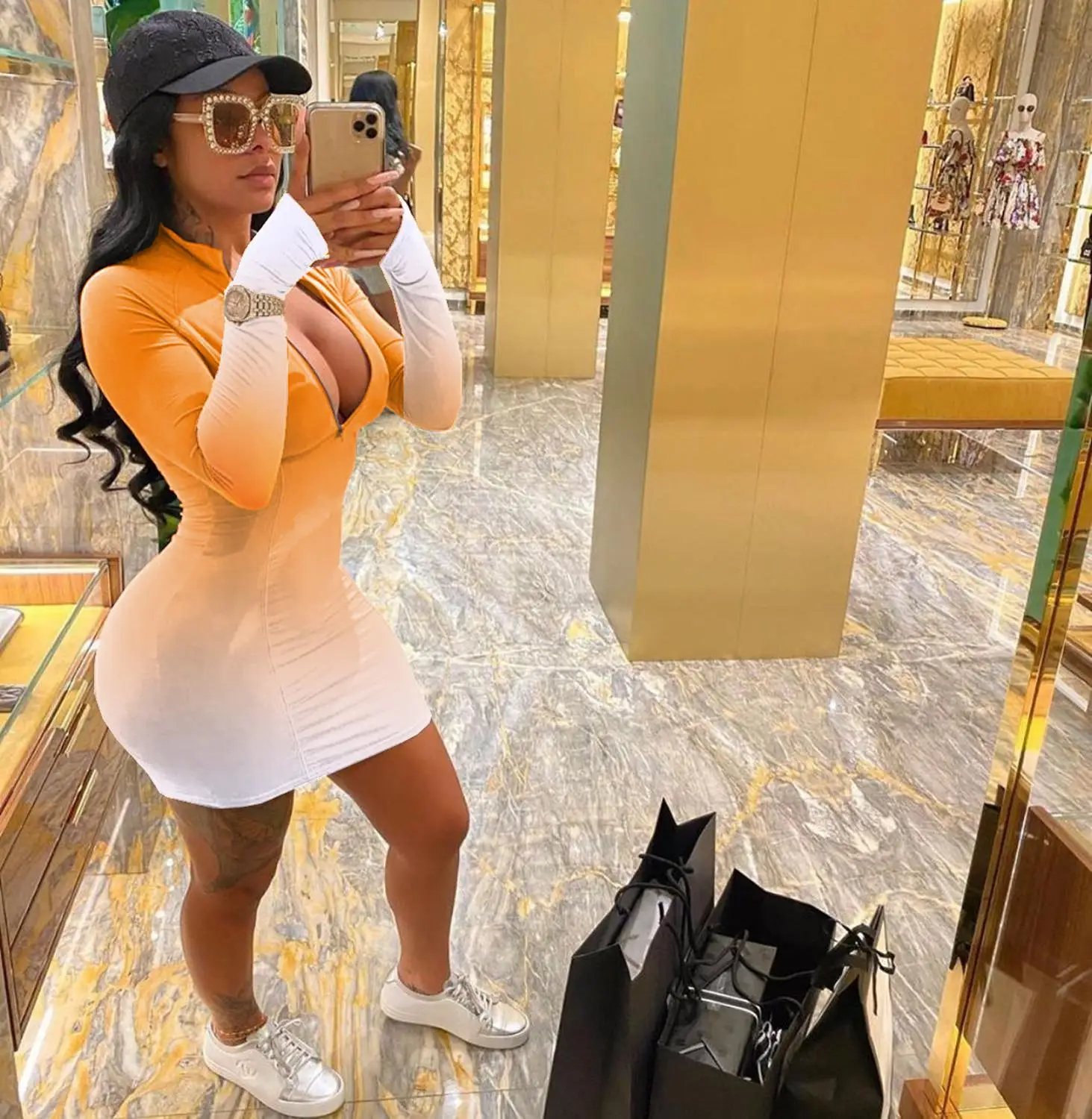 

Nightclub Party Wear Dress Women Solid Sexy Low Cut Zipper V-Neck Mini Dress Lady's Bodycon Dresses With Gradient Color