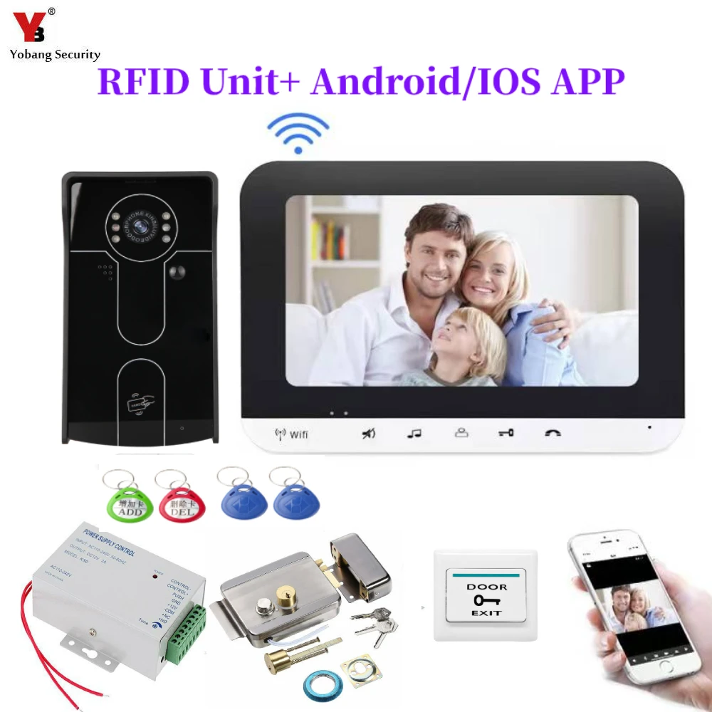 

7" wifi Video Door Phone Kit with ID Keyfobs+Electric Lock+Power Supply+Door Exit for villa Video Doorbell video Intercom System