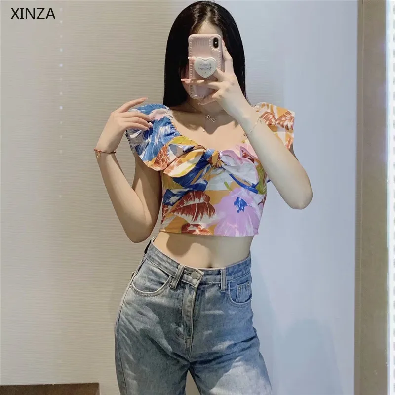 

2021 Za Women Ruffle Print Cropped Blouse Sexy Sleeveless Off Shoulder Summer Top Woman Fashion Smocked Elastic Vintage Blouses