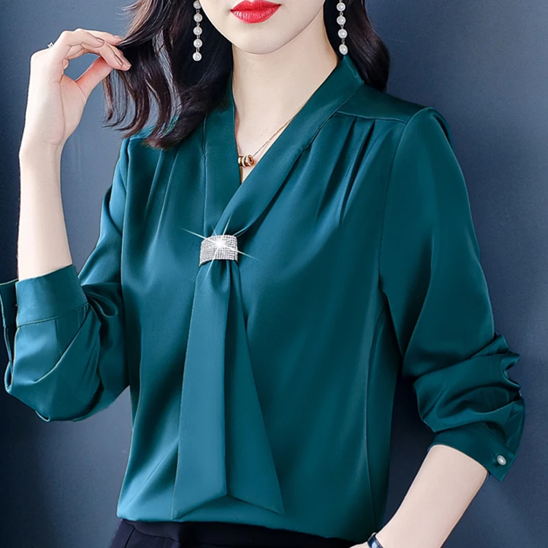 

Long Sleeve Chiffon Blouse Shirt Blouse Women Blusas Mujer De Moda 2021 Diamond Bow V-Neck Office Blouse Women Tops Blusa E264