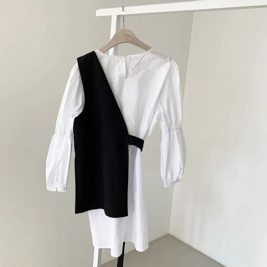 

New Women's Hit Color Two pieces Fall White Mid-length Lantern Sleeve Blouses+Waist Design Side Vest 2pcs Suit Female Clothes
