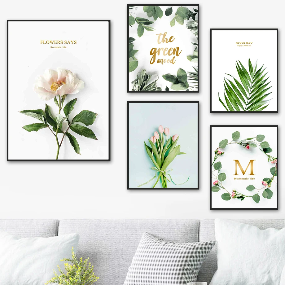 

Peony Tulip Flower Bouquet Leaf Plant Wall Art Canvas Painting Nordic Posters And Prints Wall Pictures For Living Room Decor