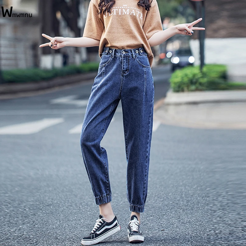 

Vintage Streetwear Loose Denim Harem Pants Cargo Sweatpants Female Blue Button Elastic High Waist Ankle Banded Jean Women