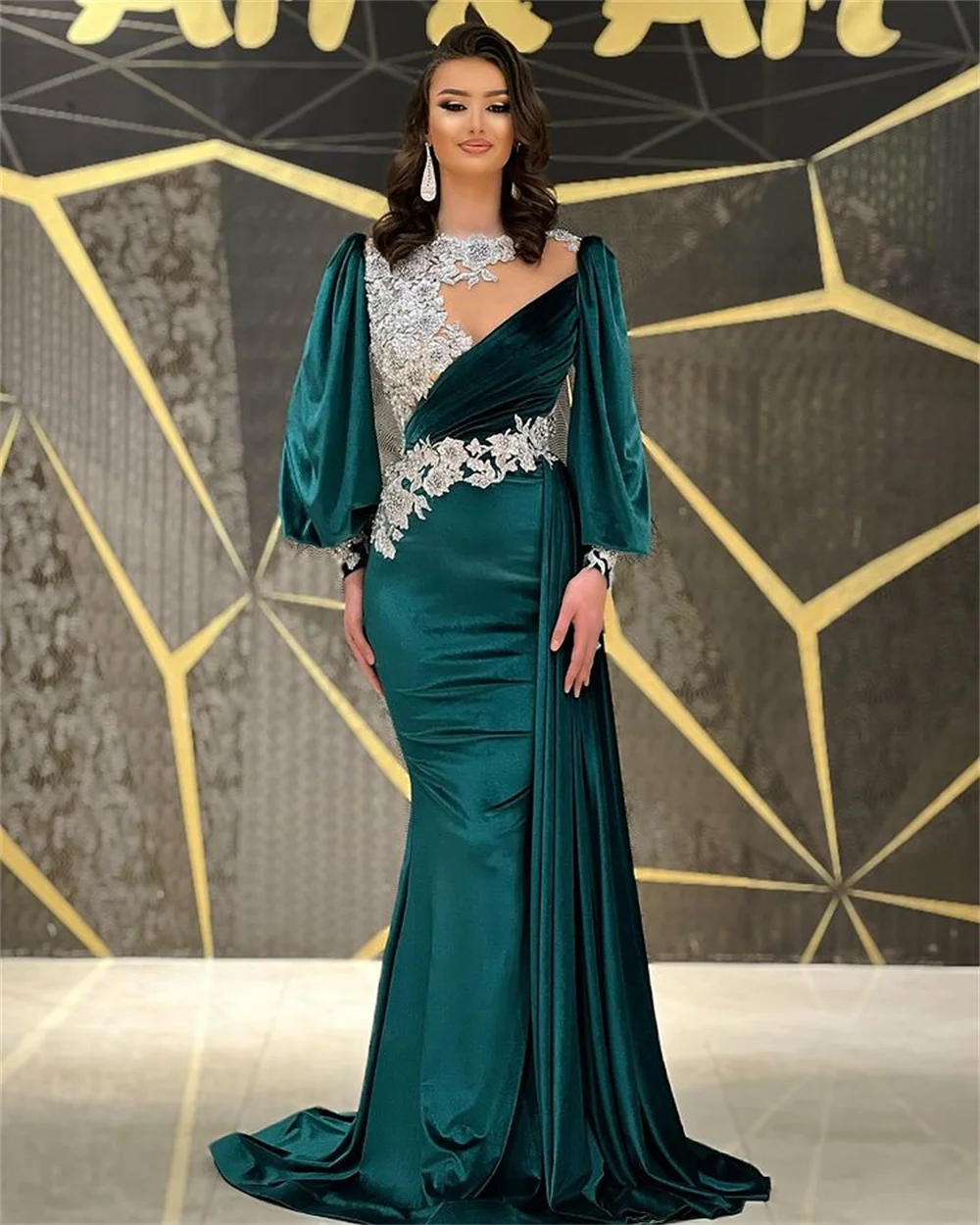 

Женское вечернее платье-русалка, зеленое платье с О-образным вырезом, длинным рукавом и аппликацией, бархатное платье для выпускного вечера