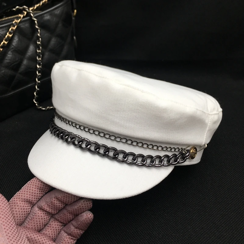 

military visors spring autumn period and new corduroy women's cap small white hat octagonal cap navy women's hat vintage chain