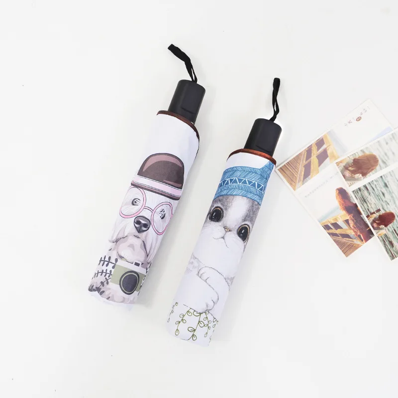 Черный зонт с рисунком кота и клеем женский от солнца УФ-защитой складывается в