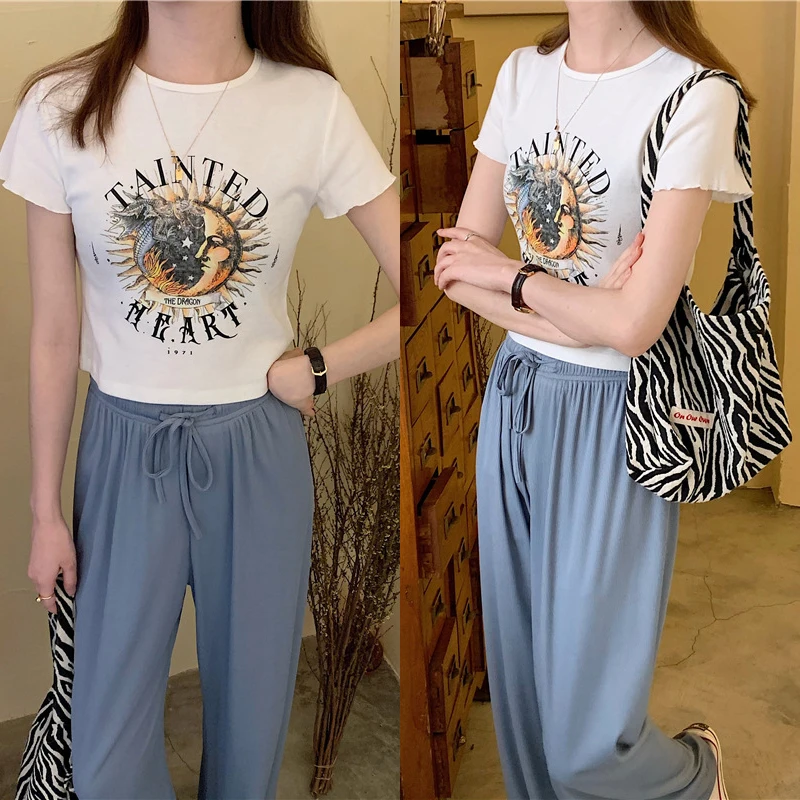 

Женские летние кроп-топы, футболка с коротким рукавом и круглым вырезом для взрослых, с мультяшным принтом букв, летние топы, Новое поступле...