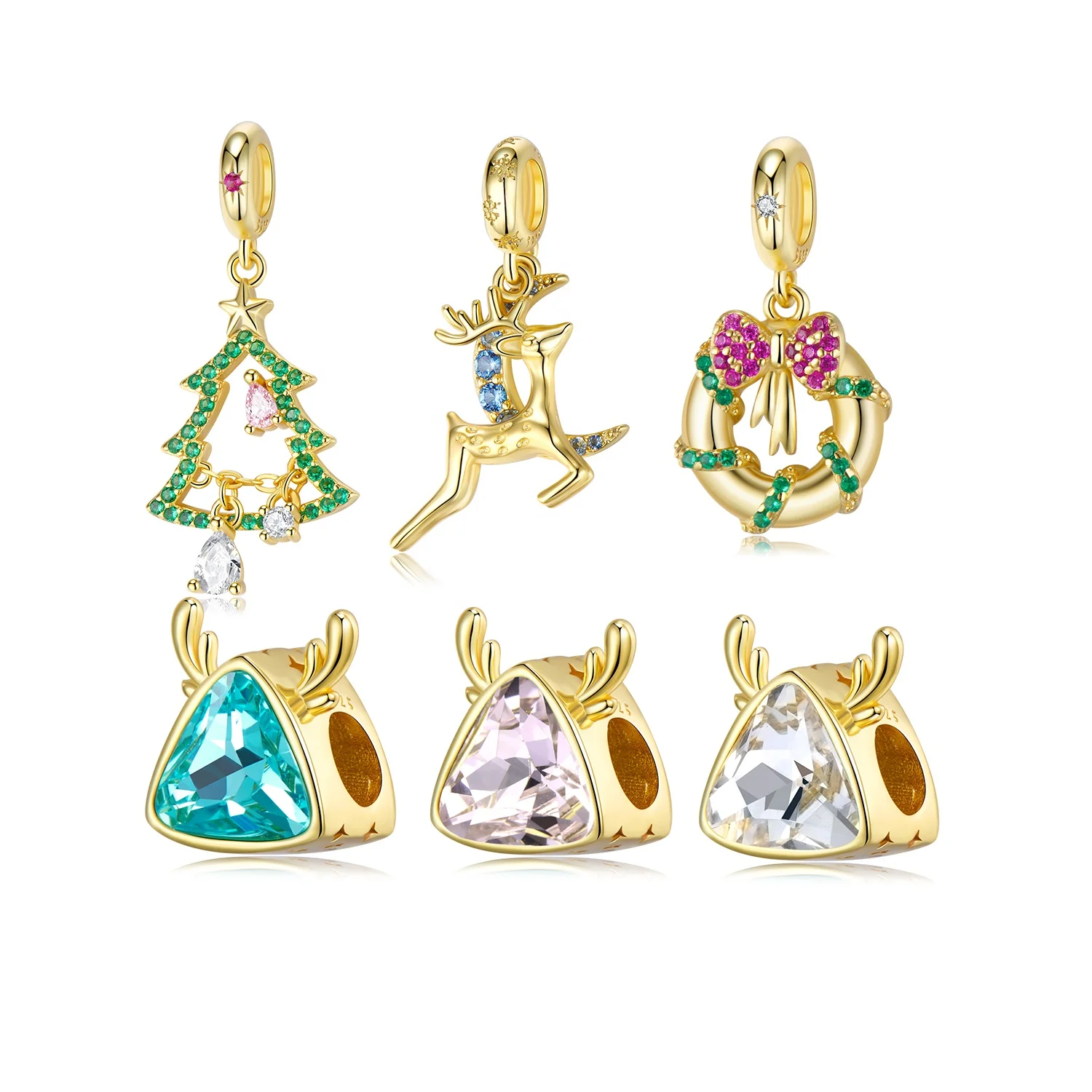 

Christmas Charm Crystal Elk Bow Garland Christmas Tree 925 Silver Charms Jewelry Making Gold Plated Pendants for Women Bracelet