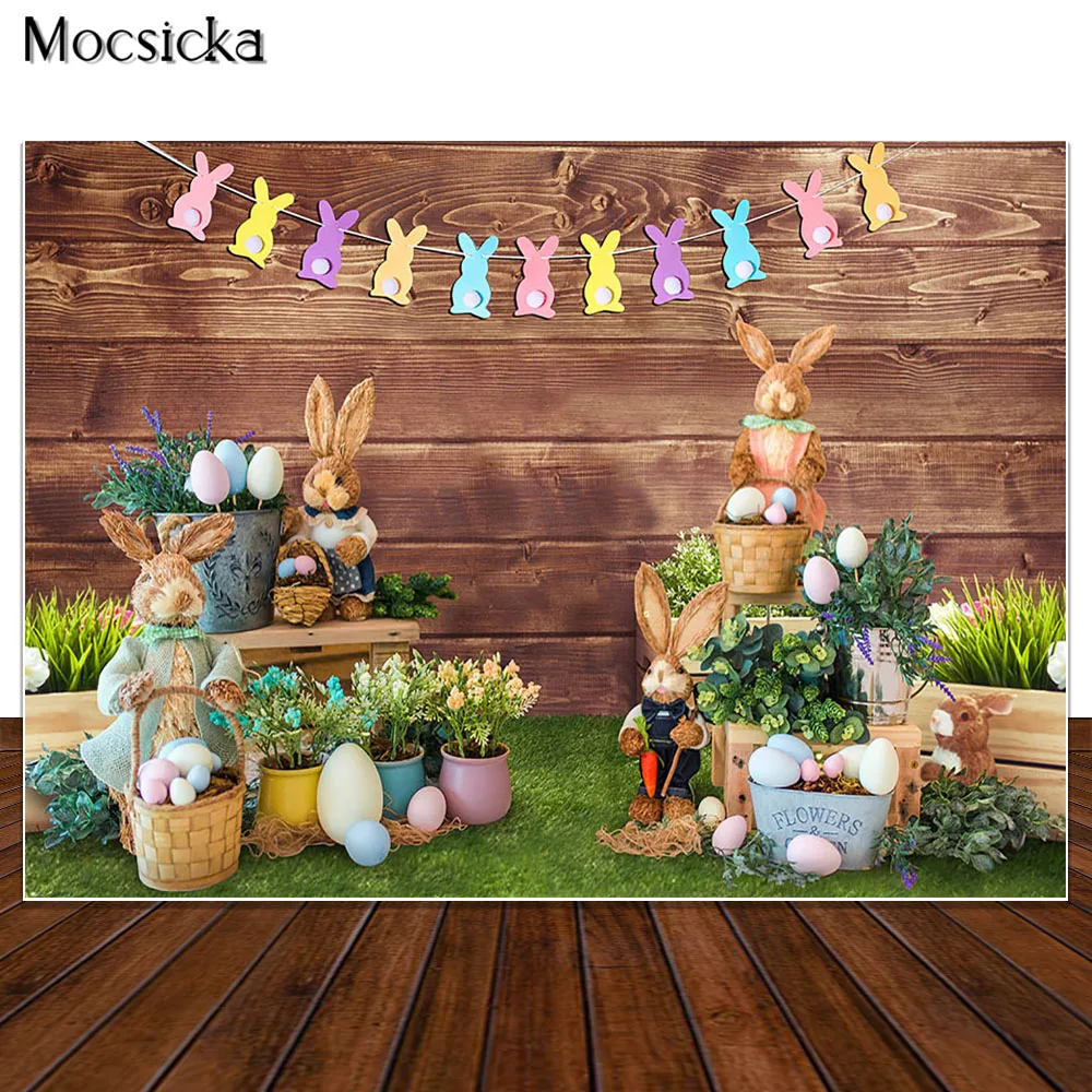 

Spring Easter Backdrop for Photography Rabbit Green Grass Brown Wooden Wall Kids Newborn Portrait Background Photo Studio Shoot