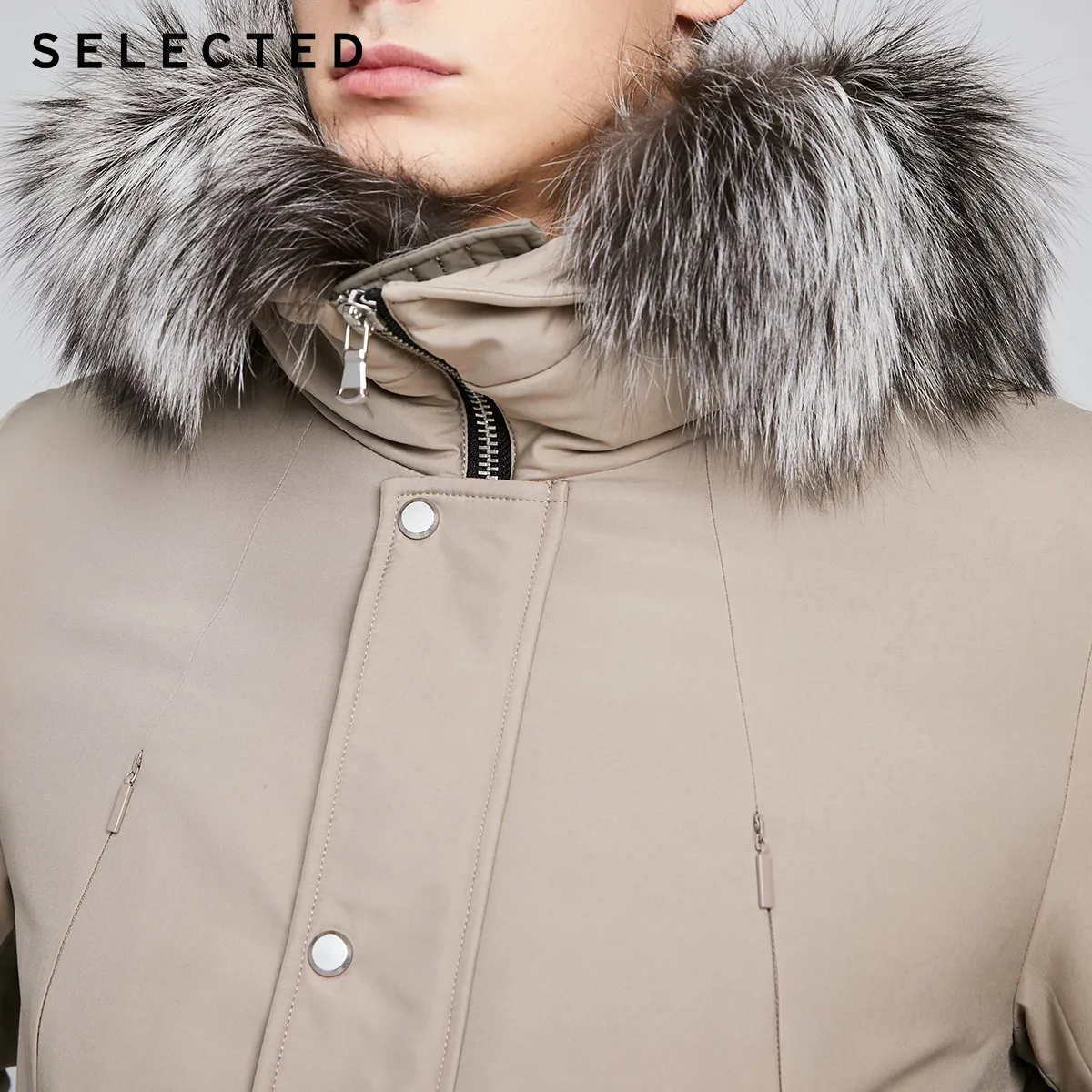 SELECTED Men's Fox Fur Mid-length Hooded Down Jacket S|419412544 | Мужская одежда