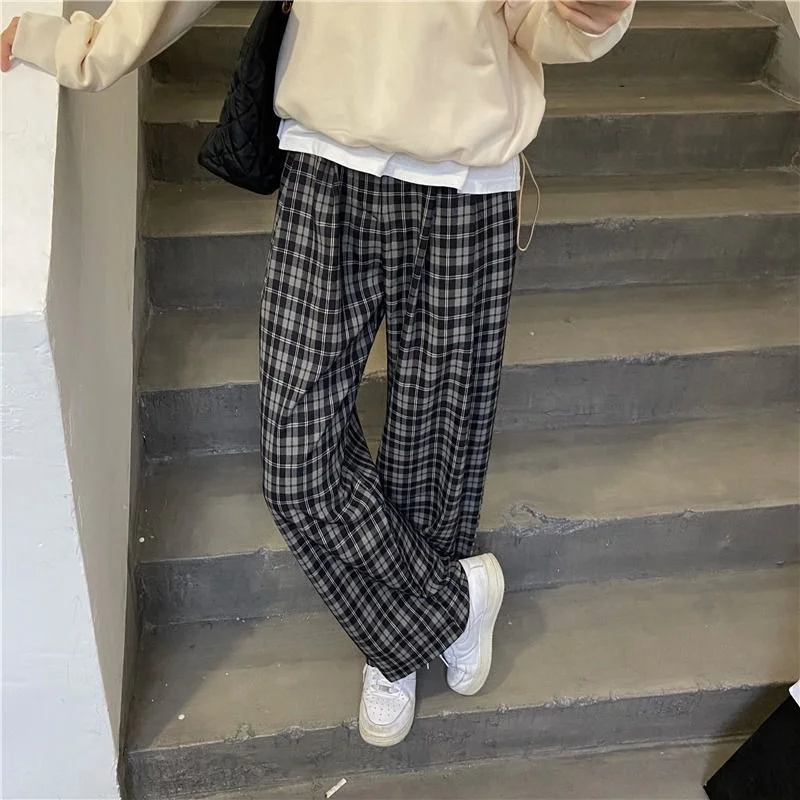 

HOUZHOU Harajuku Black Checked Pants Korean Style Plaid Trousers Women 2021 Fashion Wide Plus Size Streetwear High Waist Pants