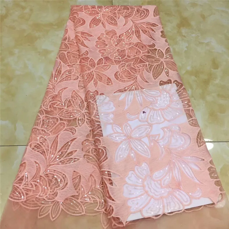 pink Embroidery Leaves Pattern Lace with Sequins Hot Sale African French Tulle Mesh Fabric for Bridal | Дом и сад