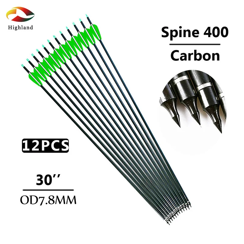 

12pcs 30 inch Spine 400 Carbon Arrow OD 7.8mm for Compound Recurve Bow Hunting Archery Shooting Target Replaceable Arrowheads