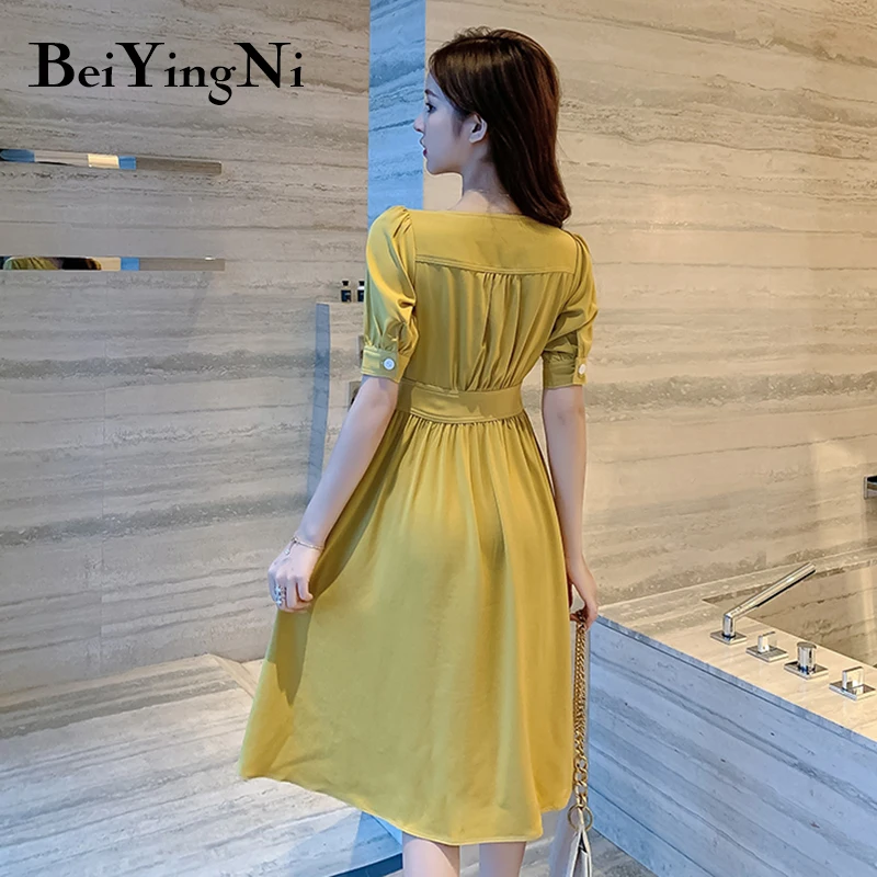 

Beiyingni Summer Fashion Womens Dress Slim Single-breasted Chic Solid Color French Vintage Elegant Dresses Ladies Party Vestidos