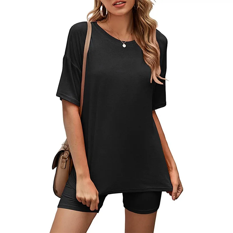 

Summer Women Loose Short Sleeve Shorts Homewear Set O-Neck Elastic Waist Ladies Sleepwear Casual Solid Soft Pajamas Dropshipping