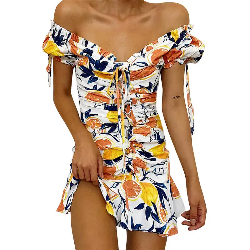 

Women Fashion Short Sleeve Dress Summer Sexy Print Ruffled Off Shoulder Dress