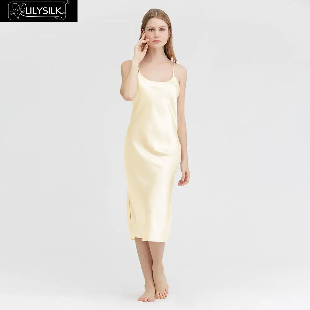Beige LilySilk Женщин шелковой ночной рубашке шелк сатин ткани полная длина женственный 22 momme ночная сорочка на тонких бретельках Эротическое белье ОДЕЖДА ДЛЯ СНА шелковой - Цвет: Beige