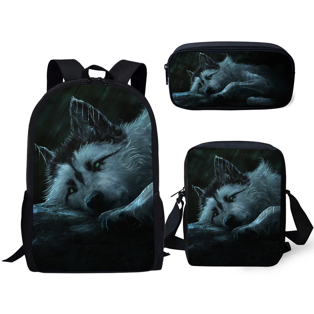 HaoYun Kids Backpacks Set Fantasy Wolf Pattern School Book Bags Cartoon Animal Students 3PCs/Set Backpack/Flaps Bag/Pen Bags