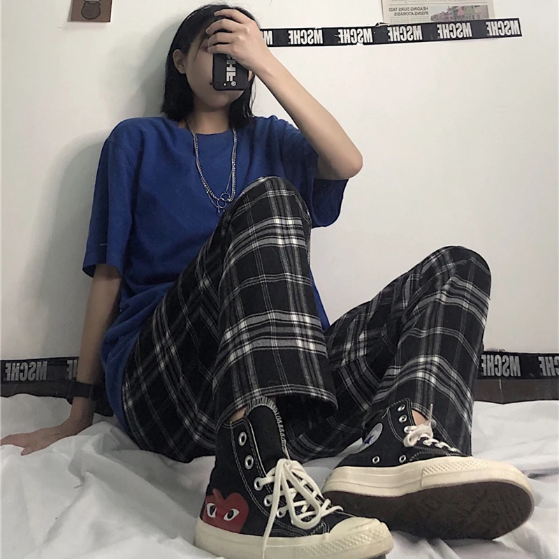 

Женские брюки CEC, коллекция 2020 года, свободные прямые утягивающие брюки с высокой талией в стиле Харадзюку, универсальные ретро-брюки в клет...