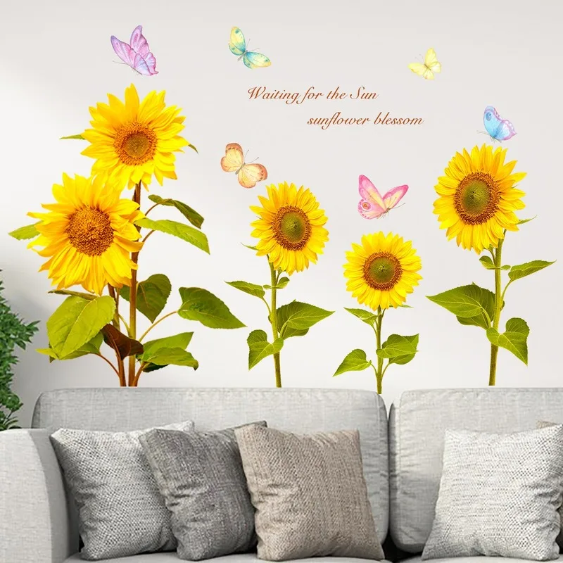 

Pastoral Sunflower Wall Stickers Flowers Bedroom Living Room Sofa Background Wall Decals Waist Line Removable Room Decor