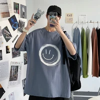 mens summer new pure cotton couple casual 5 sleeve printed t shirt student loose smiling face top men
