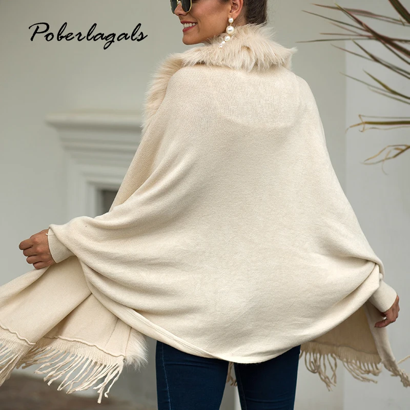Женский вязаный кардиган с бахромой и искусственным мехом Свободный рукавами