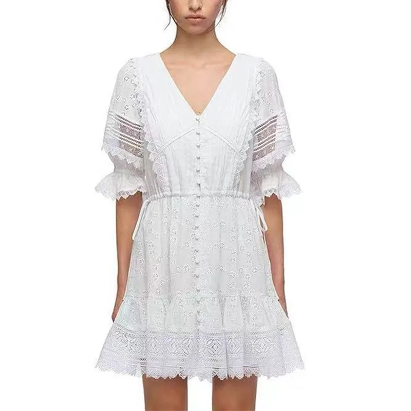 

Women White Lace Trim Hollow Out Mini Dress 2021 Spring Summer Puff Sleeve Slim Waist Single-Breasted Short Dresses For Party