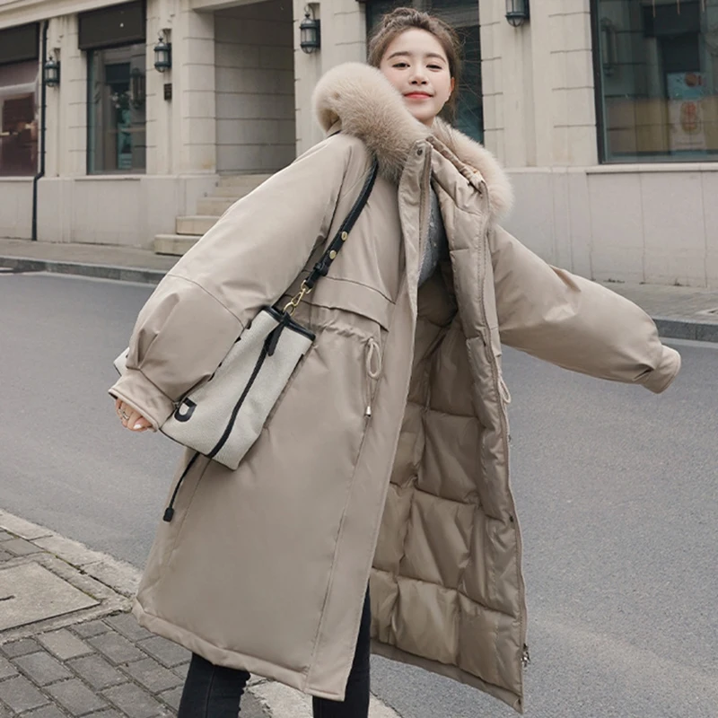 Long Parkas Women Fur Collar Full Sleeve Loose Thicken Warm Outwear 2021 Winter Korean Elegant Thicken Jacket Female CX2411