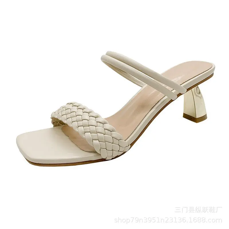 

Square Toe Slippers Casual Shoes Women Heels Slides Pantofle Luxury High 2021 Soft PU Fabric Rome Scandals Concise Rubber Hoof