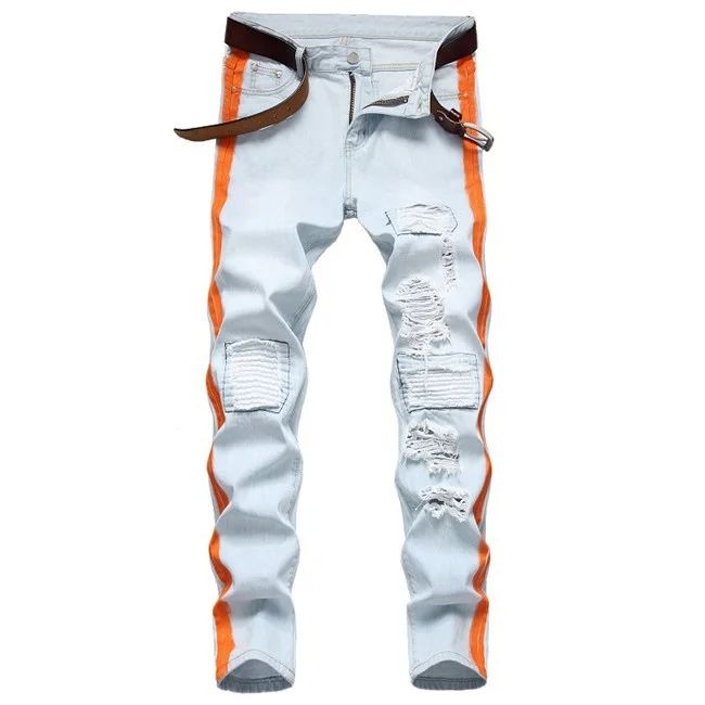 

2021 Light Color Men's Jeans Brushed Hole Patch Denim Pants Men Clothings