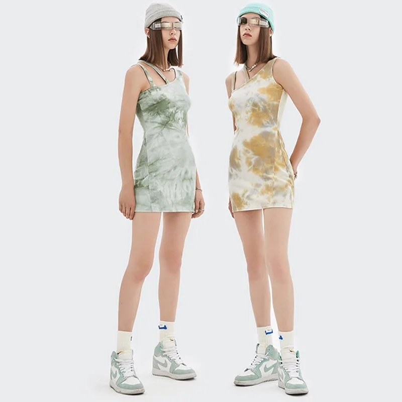

2021 Summer Tie Dye Print Mini Dress Women Streetwear Vintage Irregular Design Dresses Female Spaghetti Strap Sexy Party Dress