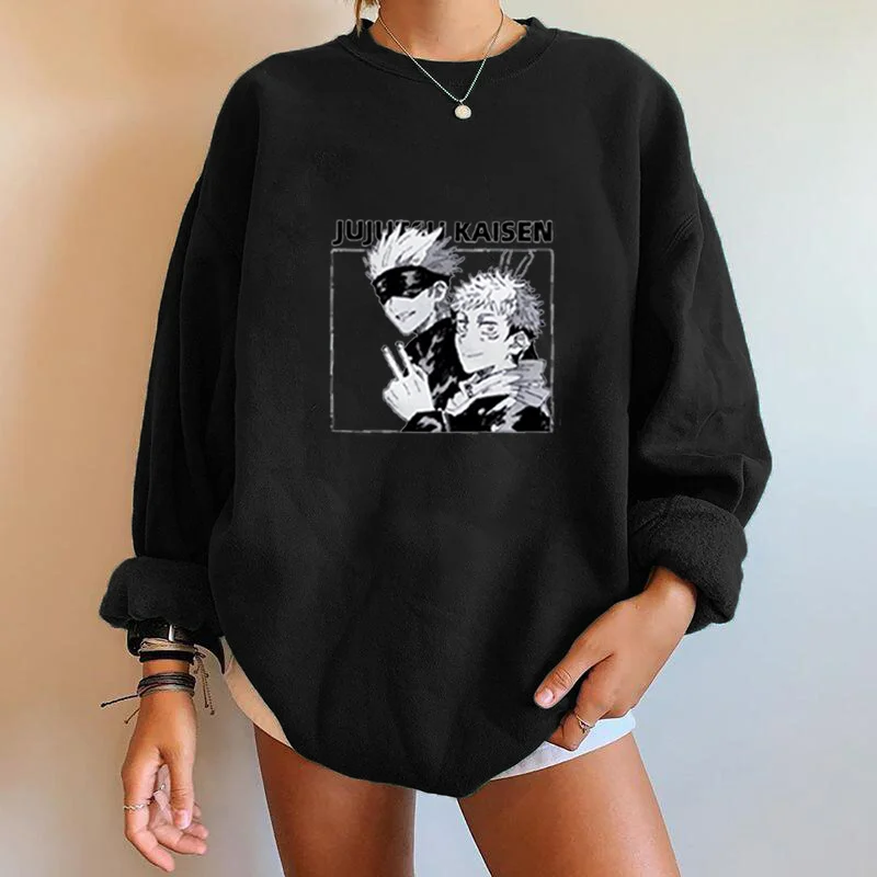 

Seeyoushy Jujutsu Kaisen Printing Women Sweatshirt Anime Lover Drop-Shoulder Long Sleeve Casual Pullovers Oversized Top Moletom