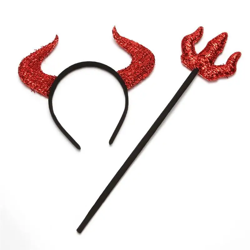 

Kids Demon Ox Horn Hair Hoop Headband And Trident Sets Halloween Party Costume Props Cosplay Decoration Hair Accessories