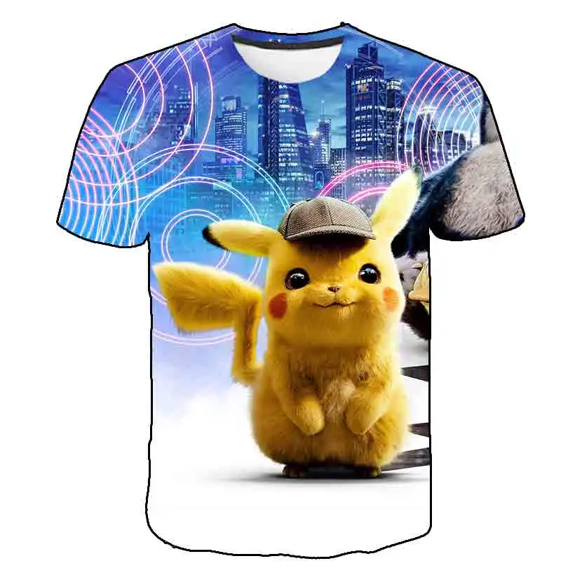 

2021 Summer Fashion Unisex Pikachu T-shirt Children Boys Short Sleeves White Tees Baby Kids Pokemon Tops For Girls Clothes 4-14Y
