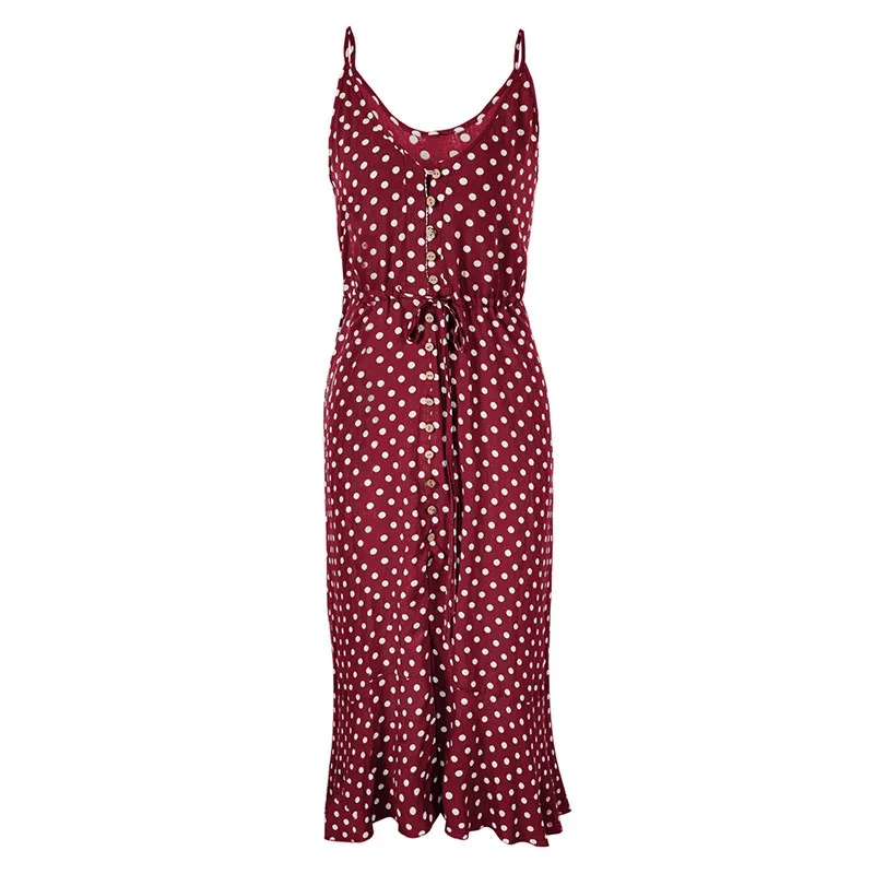

Polka Dot Midi Dress Women Fashion Single Breasted V Neck Plus Size Female Casual Boho Beach Sleeveless Strap Dresses Summer