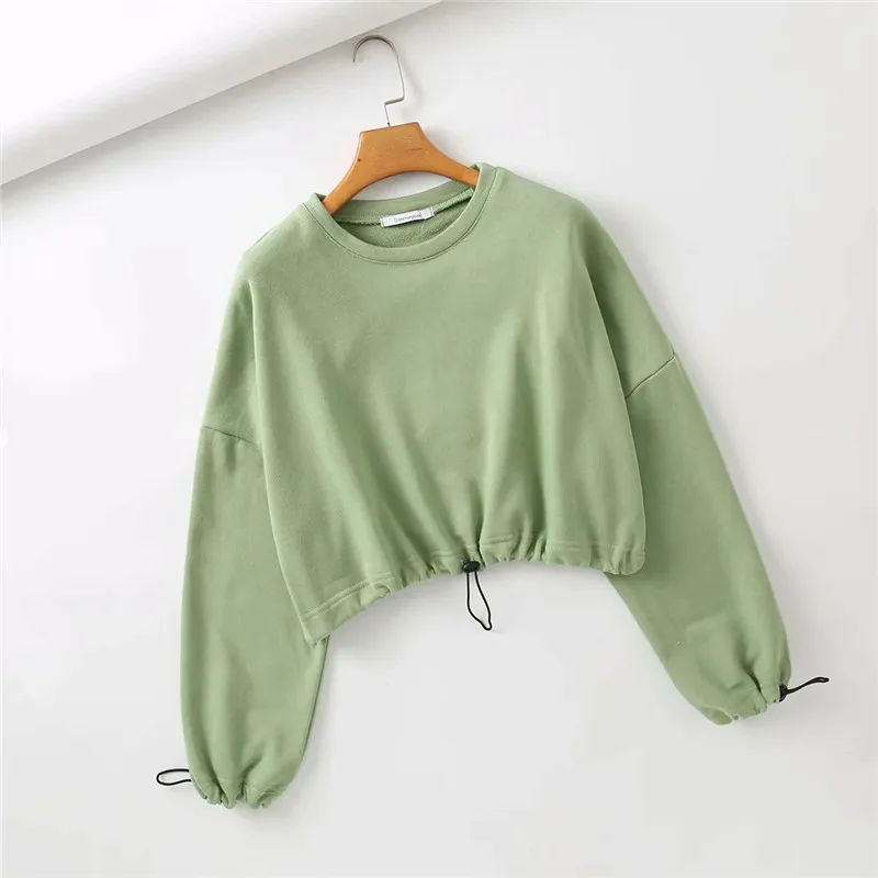 

2020 Women O-Neck Sweatshirt Fashion Long Sleeve Drawstring Cropped Sweatshirt Autumn Spring Solid Color Pullover Streetwear Top
