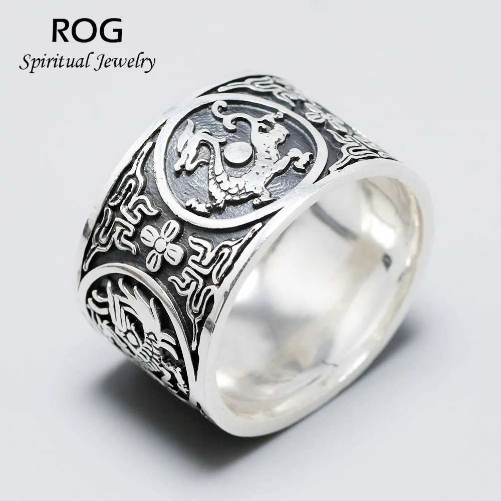 Настоящее чистое серебро 999 пробы винтажные мужские кольца 4 штуки дракон тигр